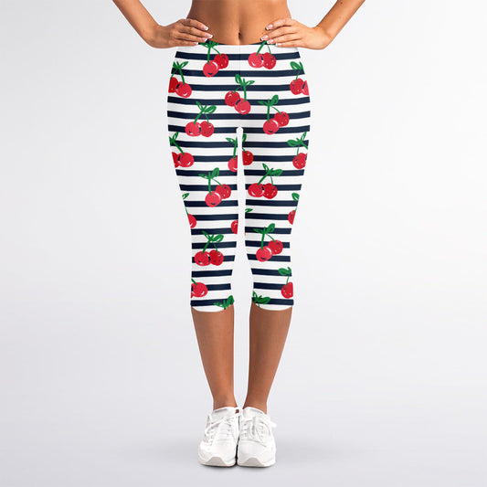 Cherry Striped Pattern Print Women's Capri Leggings