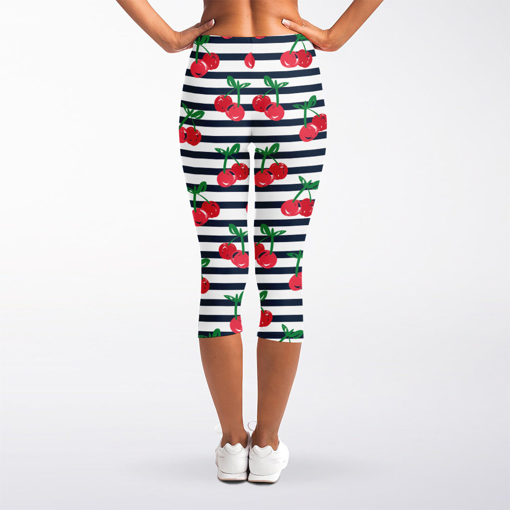 Cherry Striped Pattern Print Women's Capri Leggings
