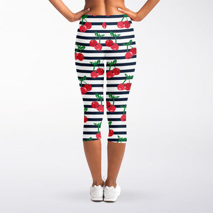 Cherry Striped Pattern Print Women's Capri Leggings