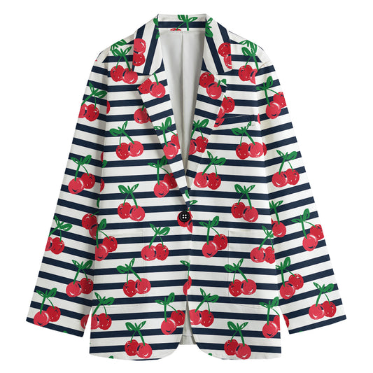 Cherry Striped Pattern Print Women's Cotton Blazer