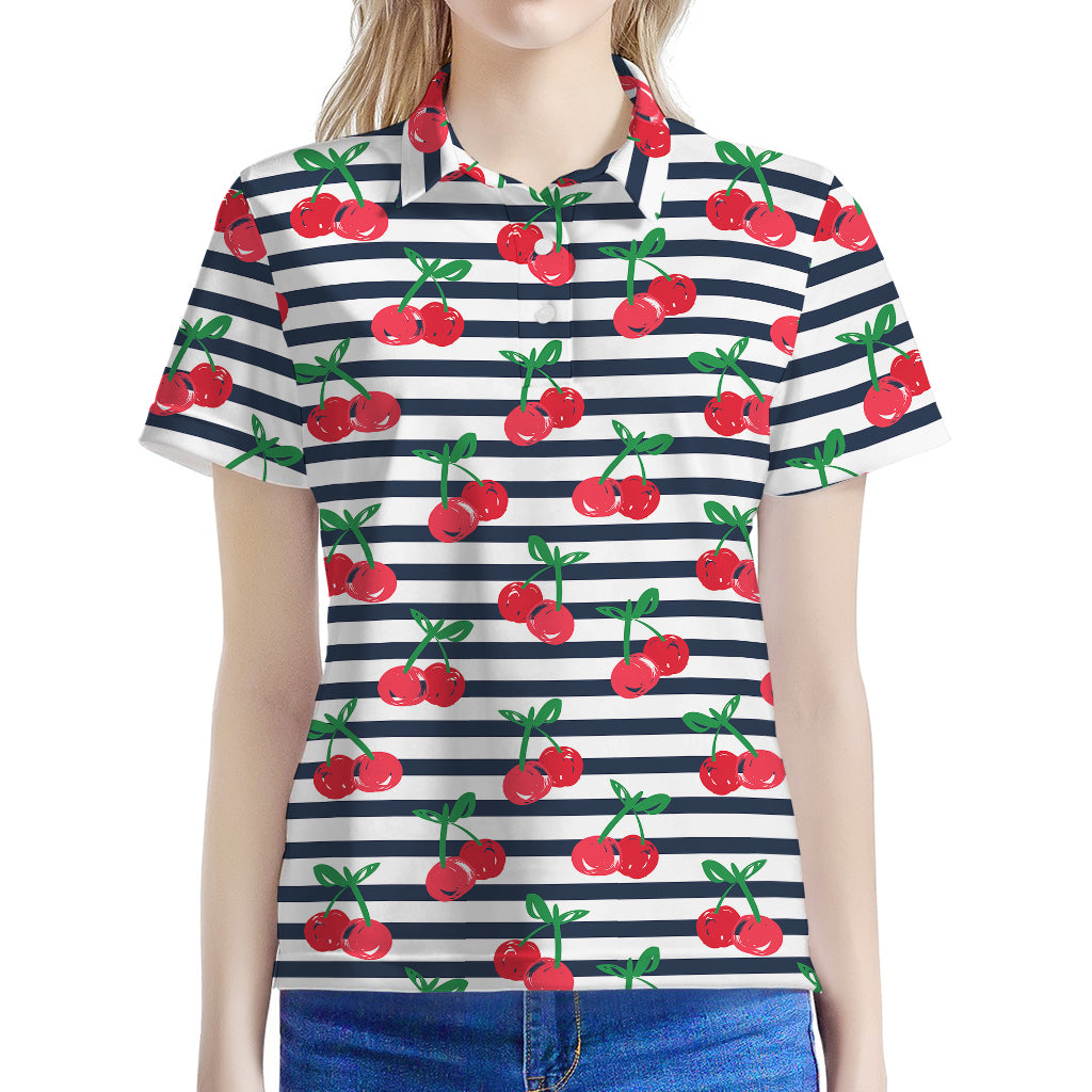 Cherry Striped Pattern Print Women's Polo Shirt