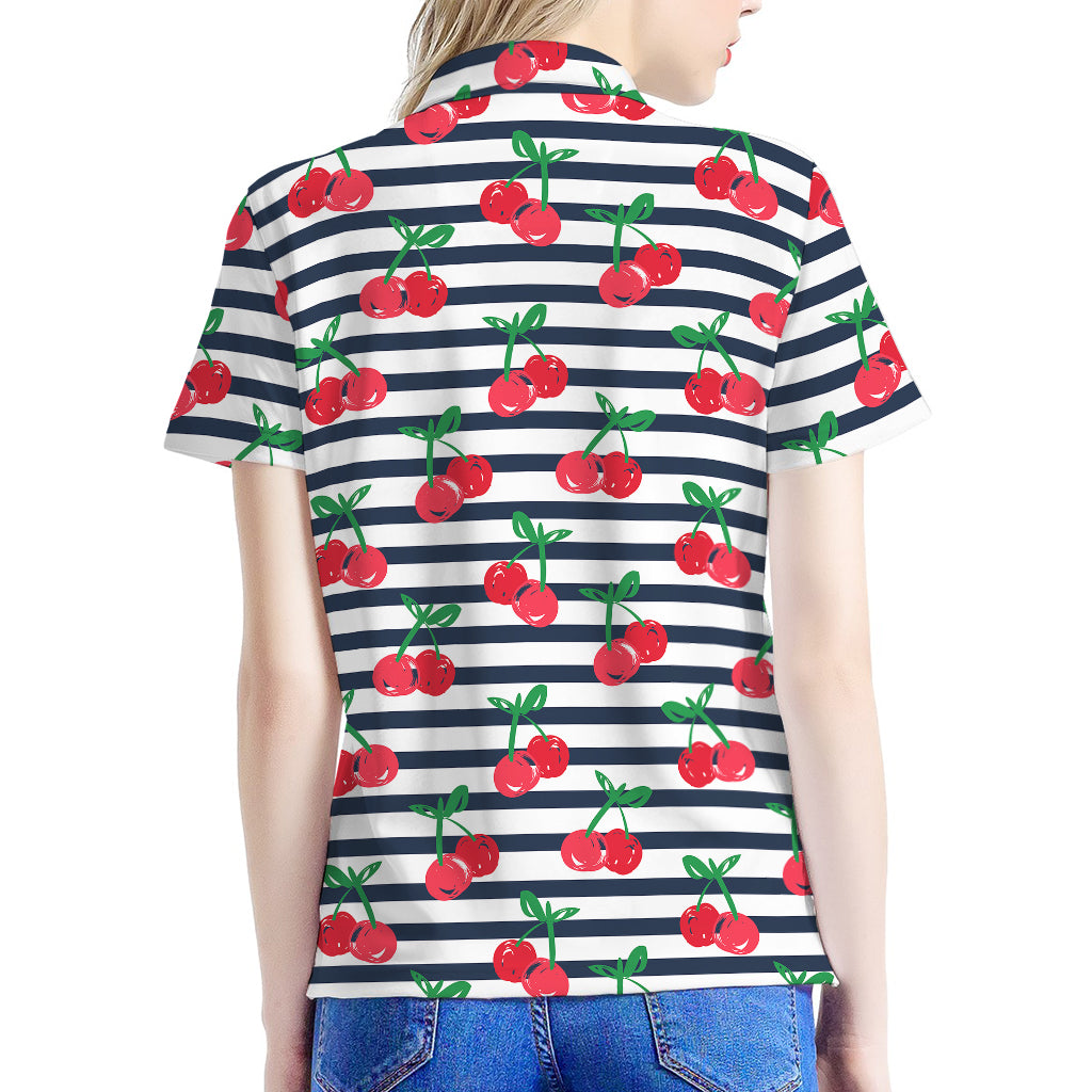 Cherry Striped Pattern Print Women's Polo Shirt