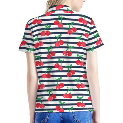Cherry Striped Pattern Print Women's Polo Shirt