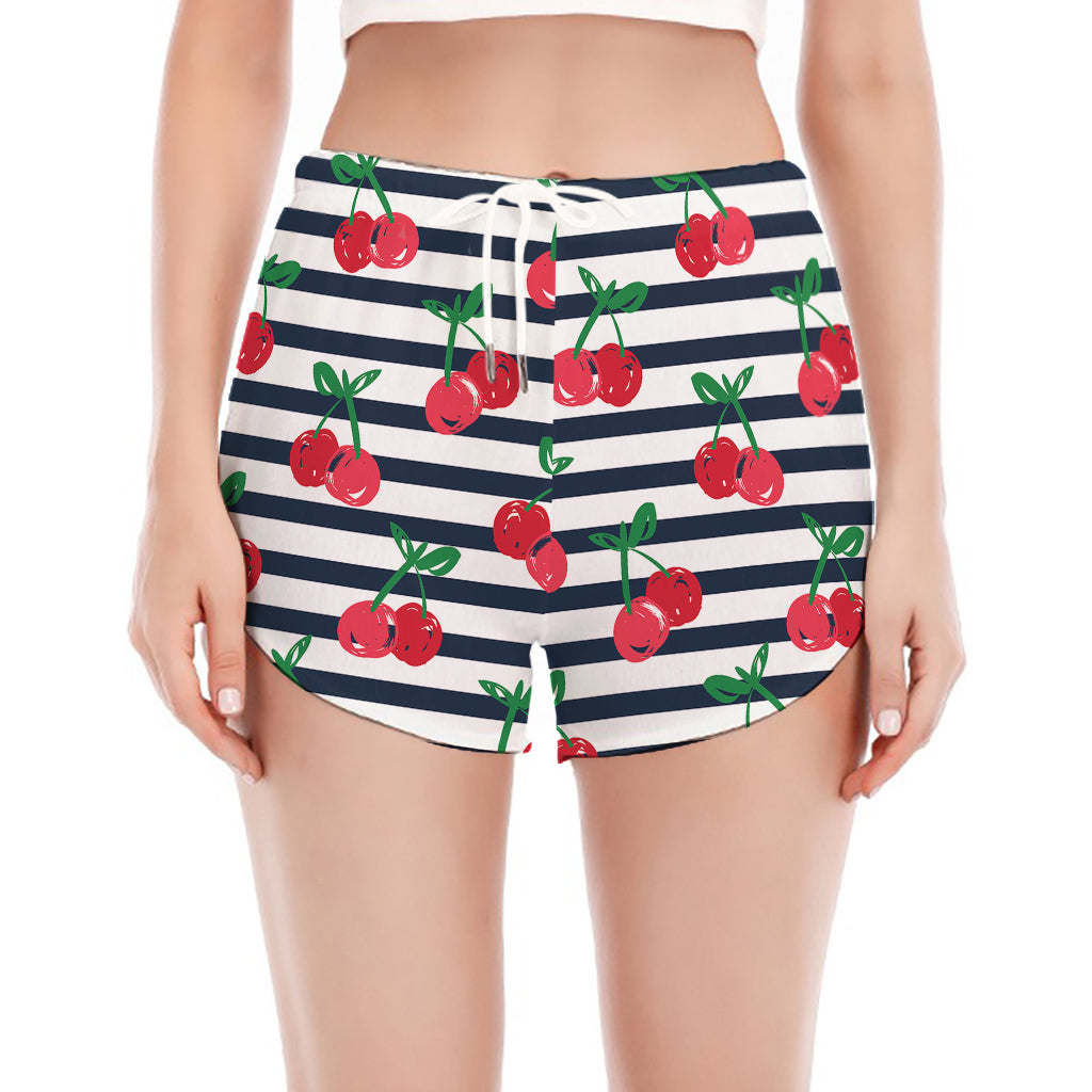Cherry Striped Pattern Print Women's Split Running Shorts