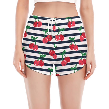 Cherry Striped Pattern Print Women's Split Running Shorts