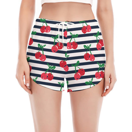 Cherry Striped Pattern Print Women's Split Running Shorts