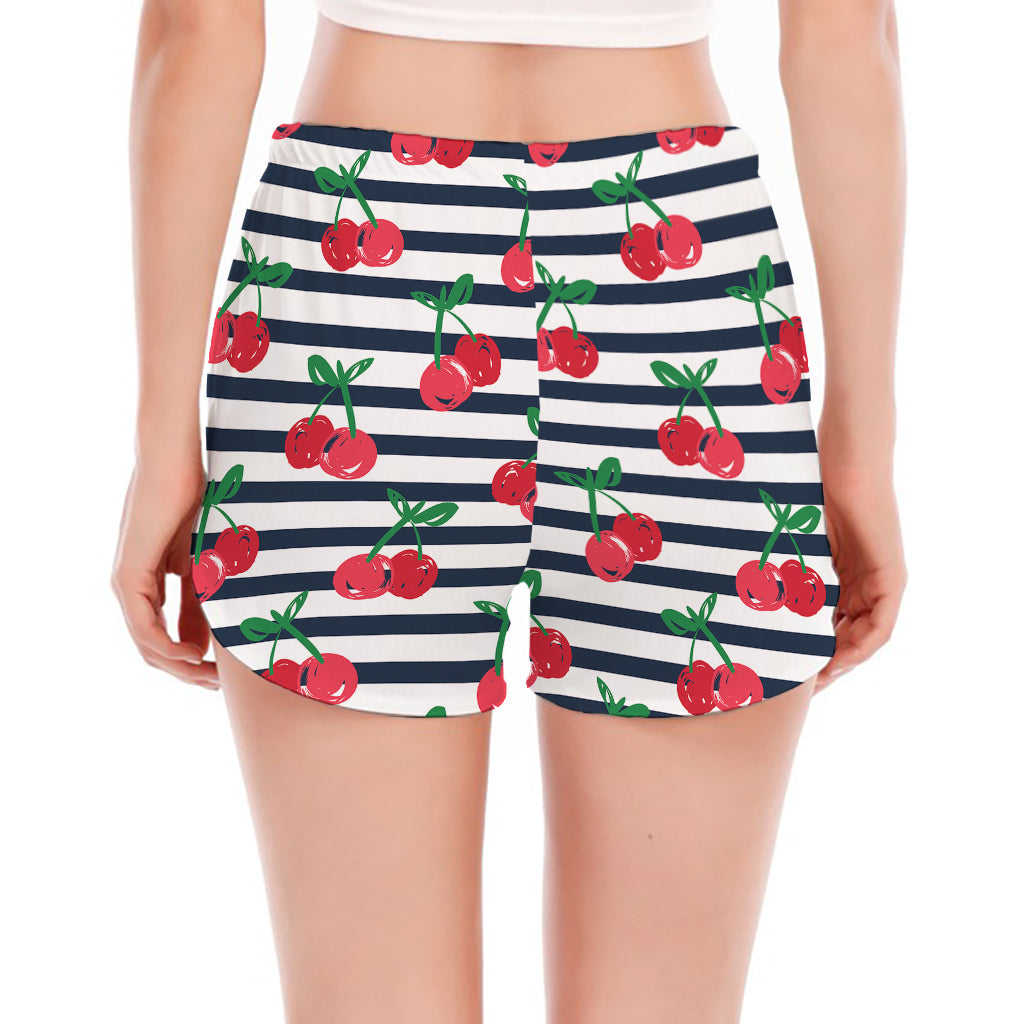 Cherry Striped Pattern Print Women's Split Running Shorts