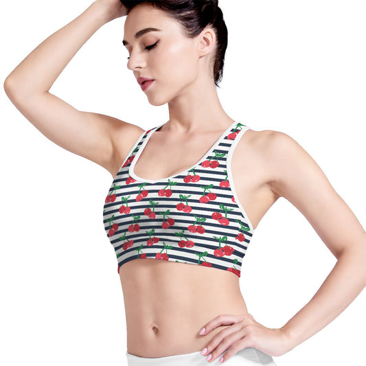 Cherry Striped Pattern Print Women's Sports Bra