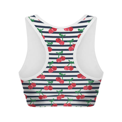 Cherry Striped Pattern Print Women's Sports Bra