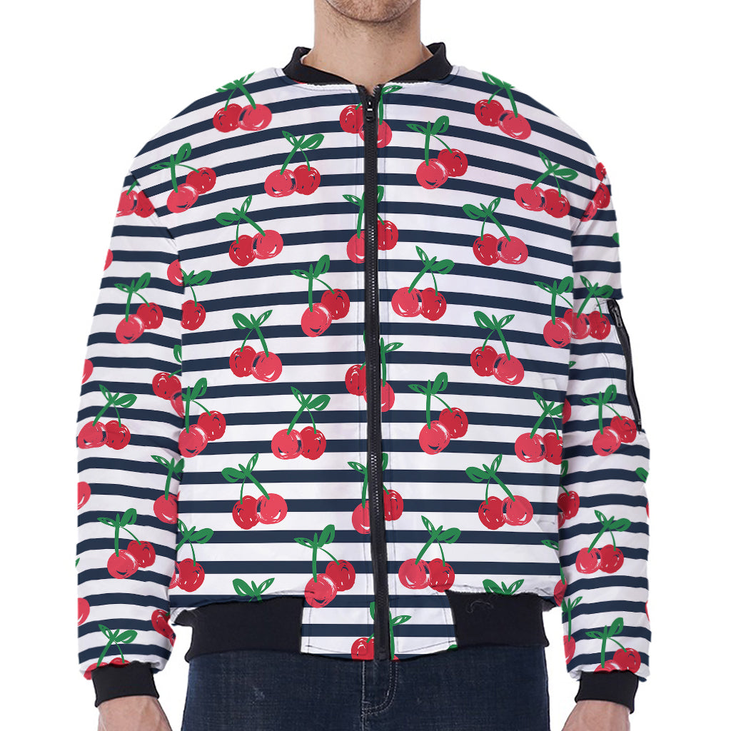 Cherry Striped Pattern Print Zip Sleeve Bomber Jacket