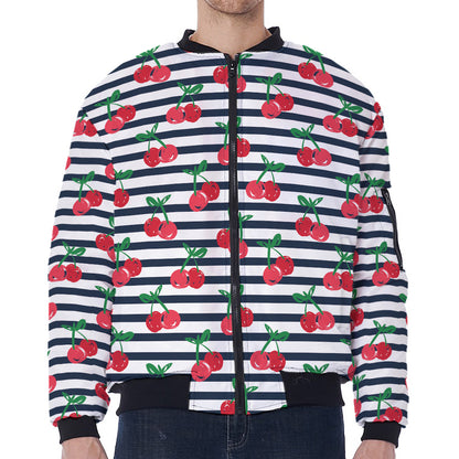 Cherry Striped Pattern Print Zip Sleeve Bomber Jacket