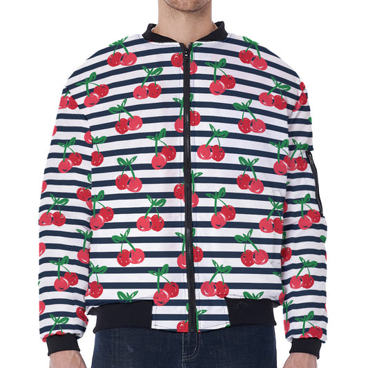Cherry Striped Pattern Print Zip Sleeve Bomber Jacket