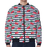 Cherry Striped Pattern Print Zip Sleeve Bomber Jacket