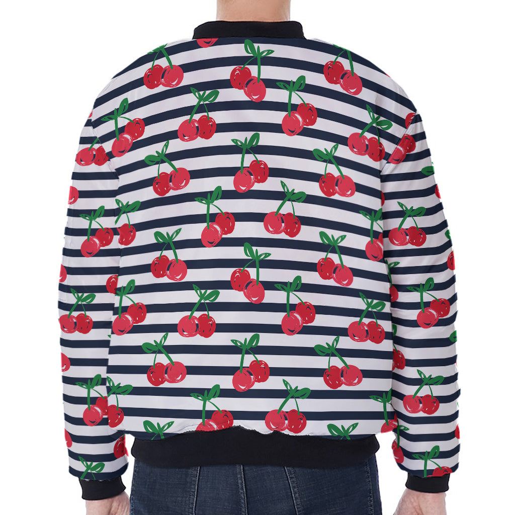 Cherry Striped Pattern Print Zip Sleeve Bomber Jacket