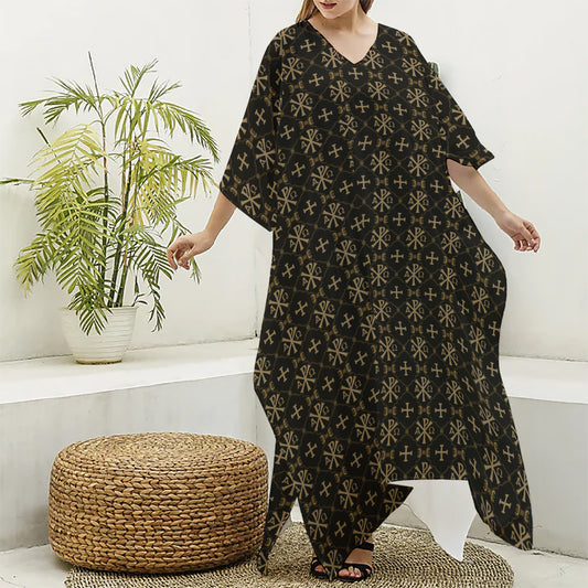 Chi Rho Orthodox Pattern Print Silk V-Neck Kaftan Dress