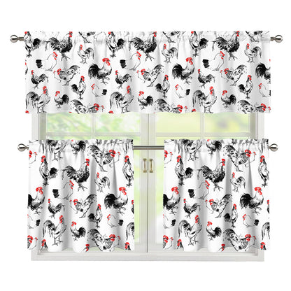 Chicken Ink Painting Pattern Print 3 Piece Kitchen Curtains