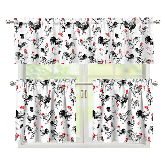 Chicken Ink Painting Pattern Print 3 Piece Kitchen Curtains