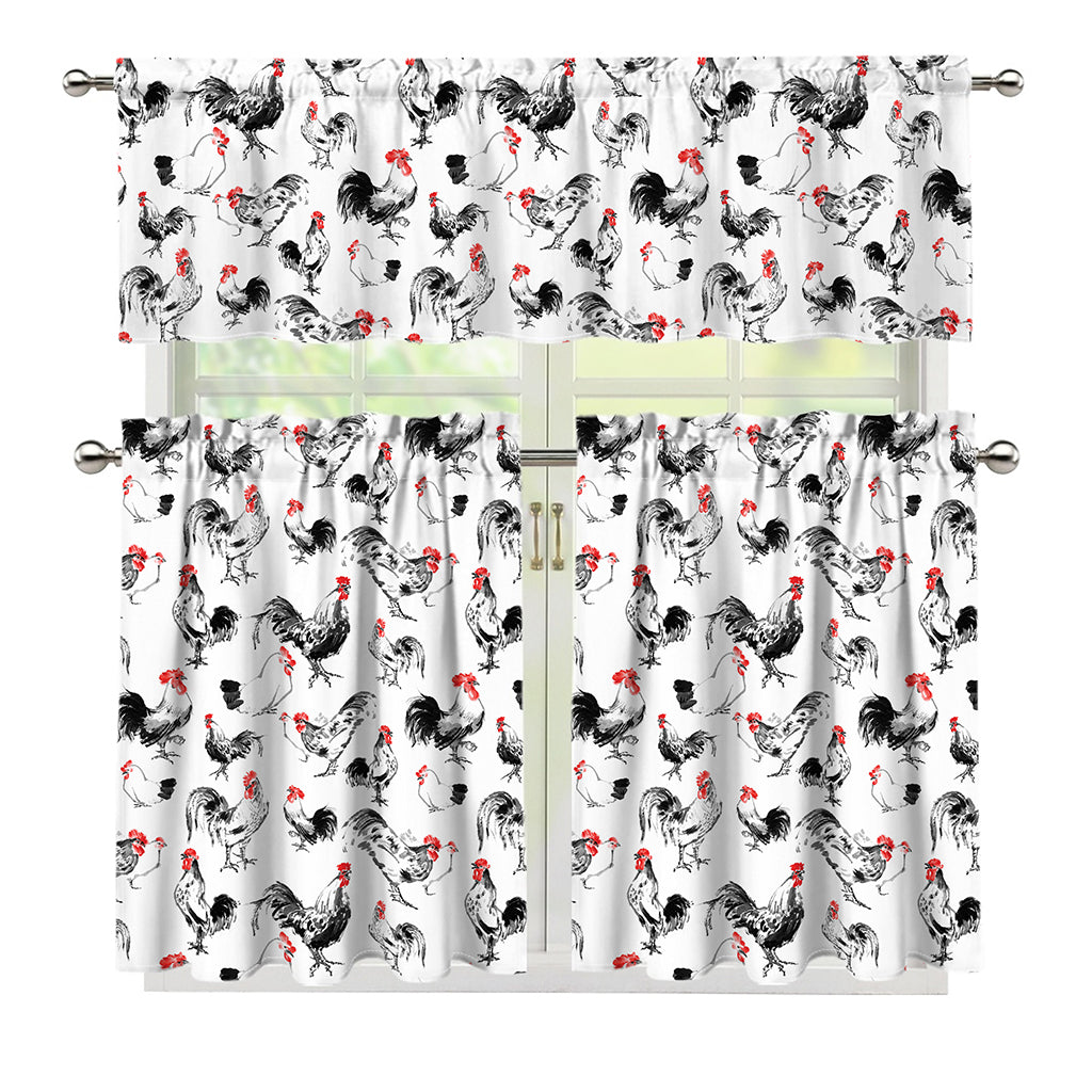 Chicken Ink Painting Pattern Print 3 Piece Kitchen Curtains