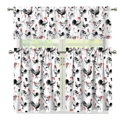 Chicken Ink Painting Pattern Print 3 Piece Kitchen Curtains