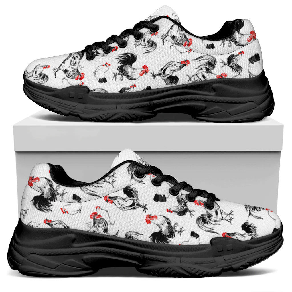 Chicken Ink Painting Pattern Print Black Chunky Shoes