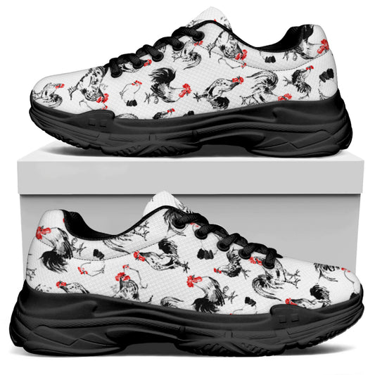 Chicken Ink Painting Pattern Print Black Chunky Shoes