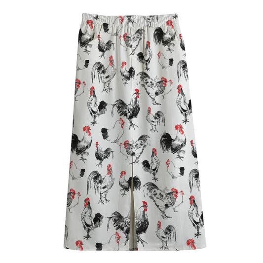 Chicken Ink Painting Pattern Print Cotton Front Slit Maxi Skirt