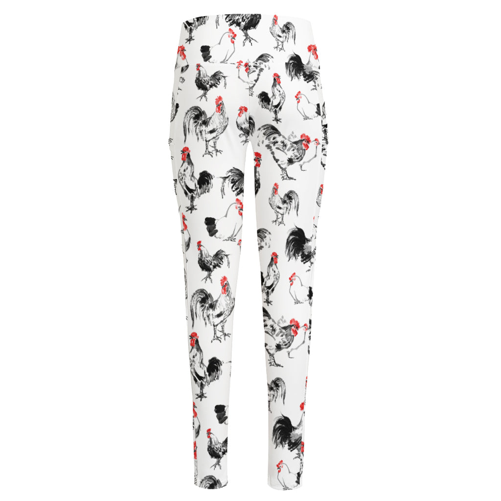 Chicken Ink Painting Pattern Print High-Waisted Pocket Leggings
