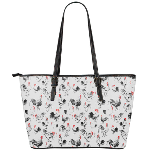Chicken Ink Painting Pattern Print Leather Tote Bag