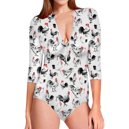 Chicken Ink Painting Pattern Print Long Sleeve Swimsuit