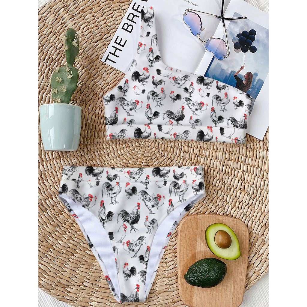 Chicken Ink Painting Pattern Print One Shoulder Bikini Top