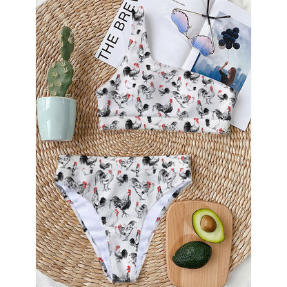 Chicken Ink Painting Pattern Print One Shoulder Bikini Top
