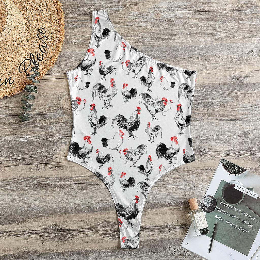 Chicken Ink Painting Pattern Print One Shoulder Bodysuit