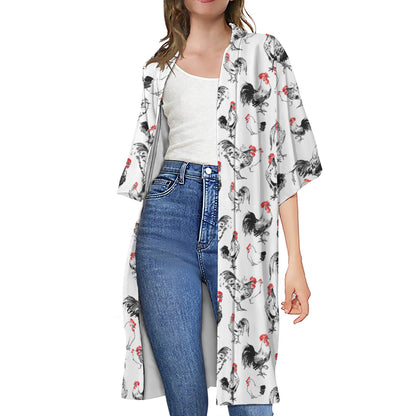 Chicken Ink Painting Pattern Print Open Front Beach Cover Up