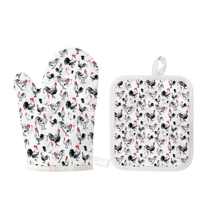 Chicken Ink Painting Pattern Print Oven Mitt And Pot Holder Set