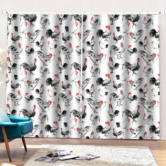 Chicken Ink Painting Pattern Print Pencil Pleat Curtains