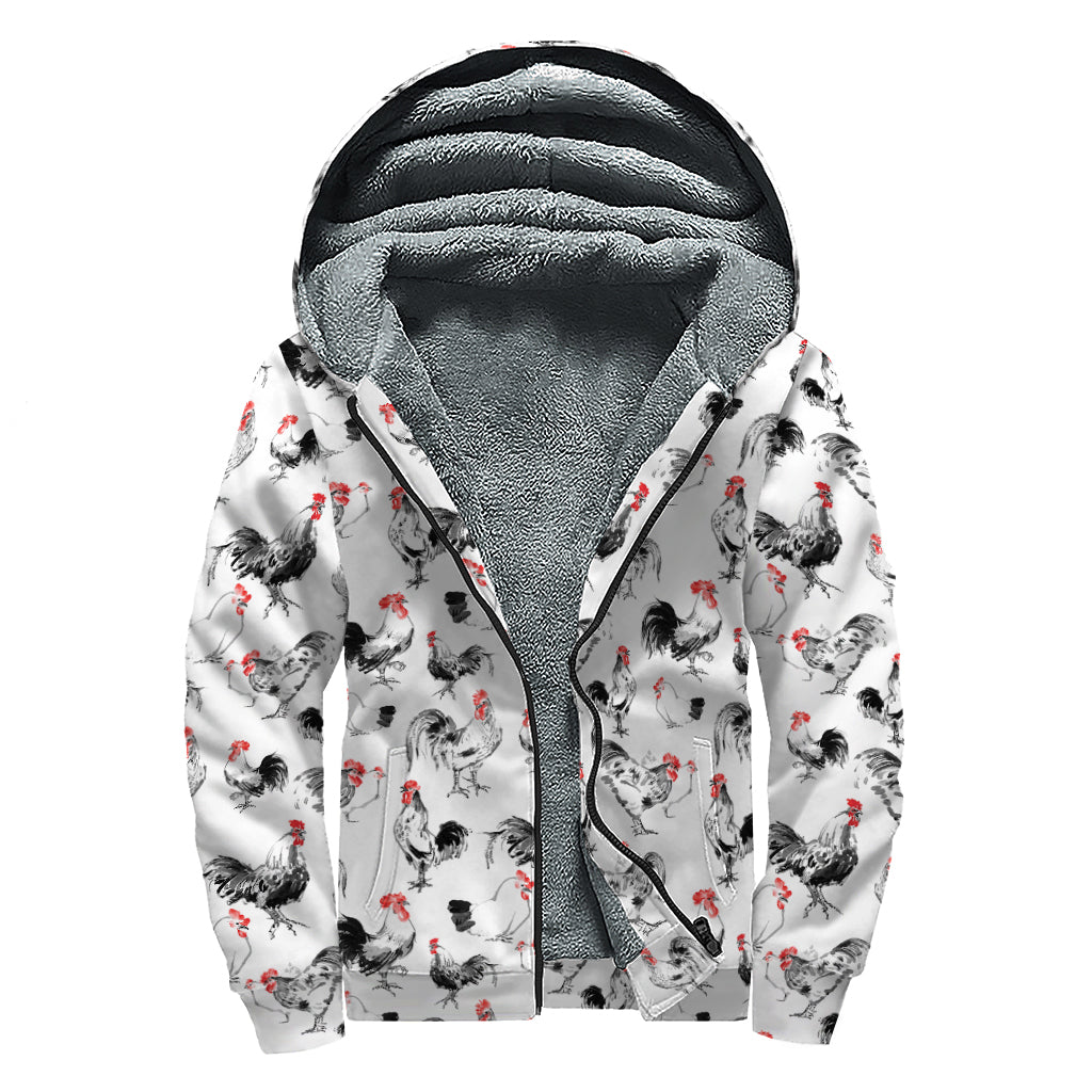 Chicken Ink Painting Pattern Print Sherpa Lined Zip Up Hoodie
