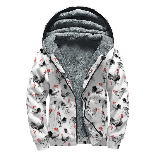Chicken Ink Painting Pattern Print Sherpa Lined Zip Up Hoodie