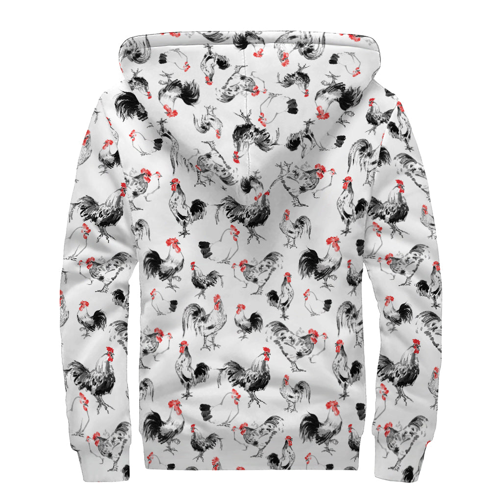 Chicken Ink Painting Pattern Print Sherpa Lined Zip Up Hoodie