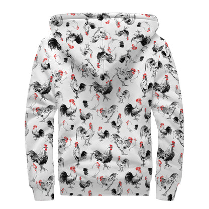 Chicken Ink Painting Pattern Print Sherpa Lined Zip Up Hoodie