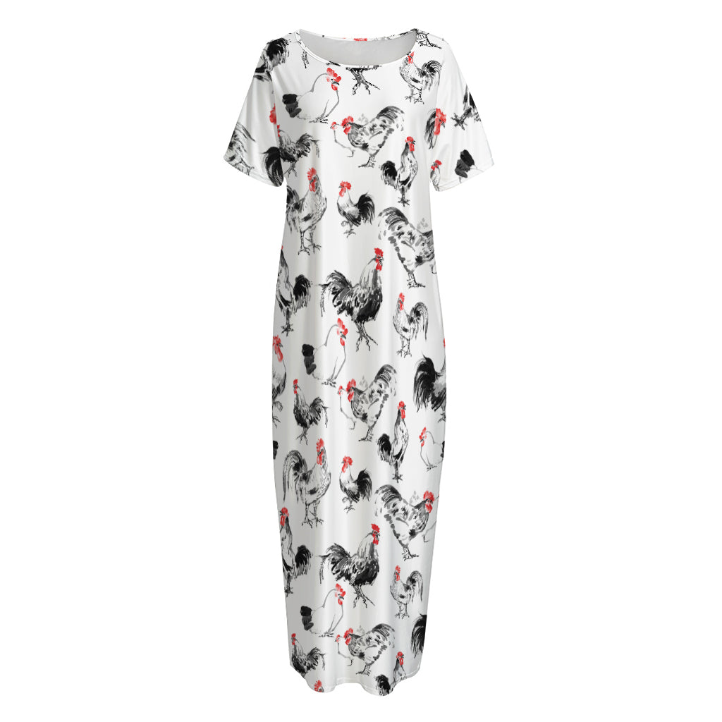 Chicken Ink Painting Pattern Print Short Sleeve Long Nightdress
