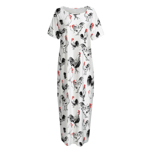 Chicken Ink Painting Pattern Print Short Sleeve Long Nightdress