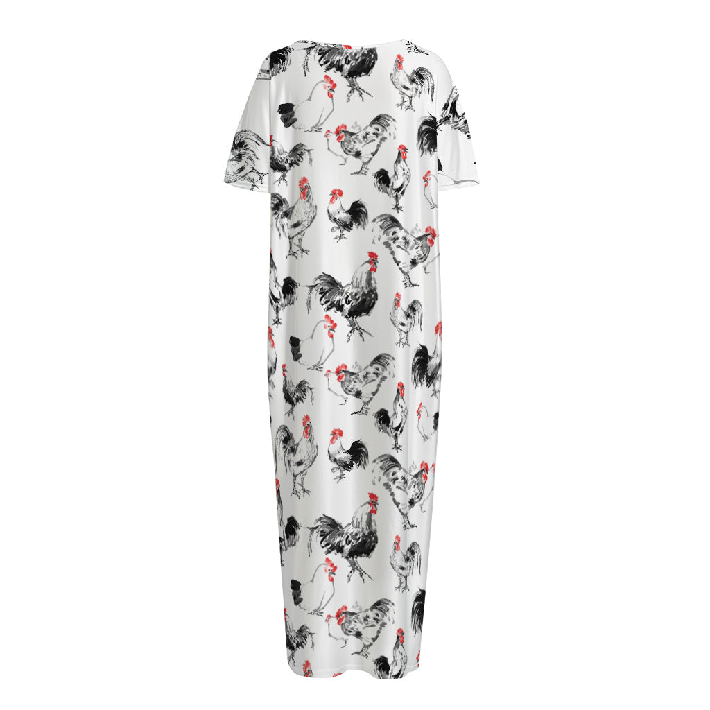 Chicken Ink Painting Pattern Print Short Sleeve Long Nightdress