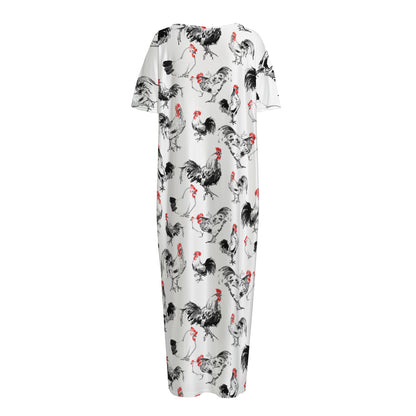 Chicken Ink Painting Pattern Print Short Sleeve Long Nightdress
