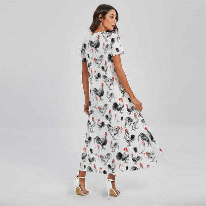 Chicken Ink Painting Pattern Print Short Sleeve Maxi Dress