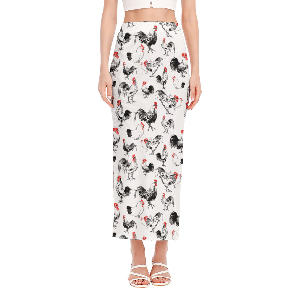 Chicken Ink Painting Pattern Print Side Slit Maxi Skirt