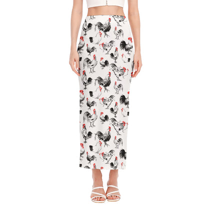 Chicken Ink Painting Pattern Print Side Slit Maxi Skirt