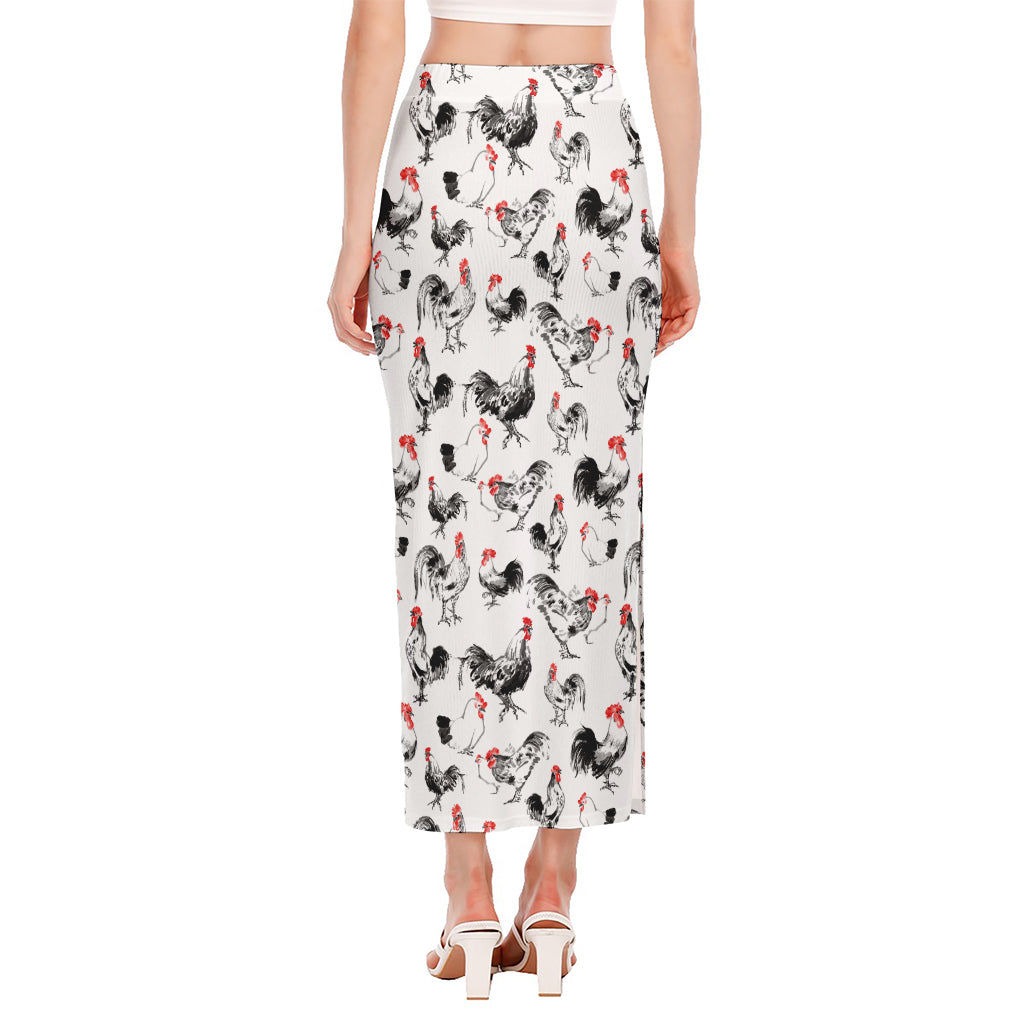 Chicken Ink Painting Pattern Print Side Slit Maxi Skirt