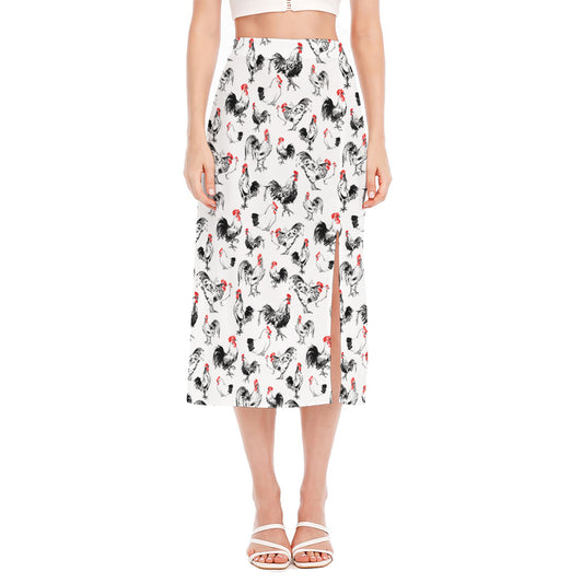 Chicken Ink Painting Pattern Print Side Slit Midi Skirt