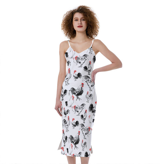 Chicken Ink Painting Pattern Print Slim Fit Midi Cami Dress
