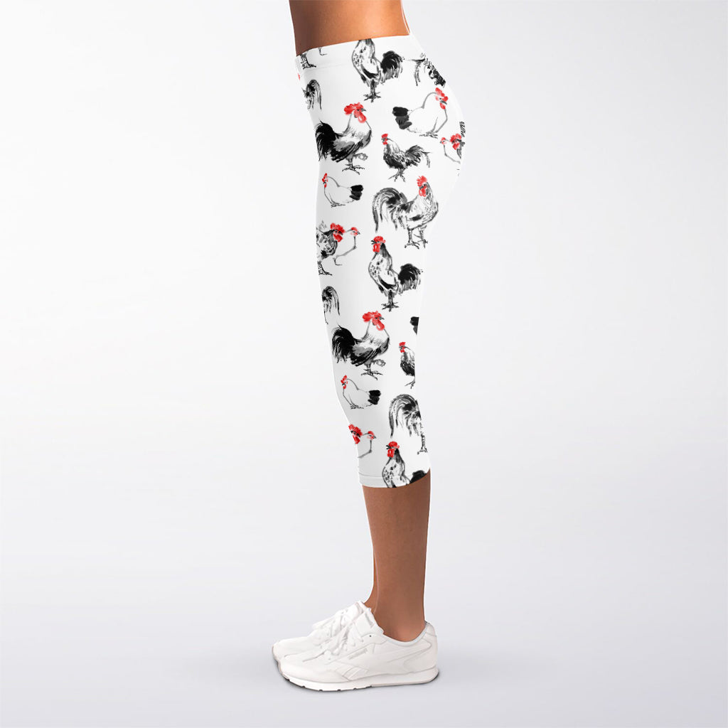 Chicken Ink Painting Pattern Print Women's Capri Leggings